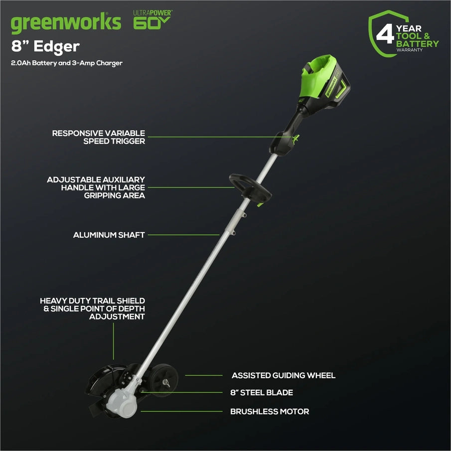 Greenworks 60V 8 In. Brushless Cordless Edger, 2.0 Ah Battery And Charger Included