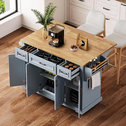 54 Large Kitchen Island With Rubber Wood Drop Leaf, Embossed Texture Rolling Kitchen Cart On 4 Wheels With 4 Doors And 3 Drawers