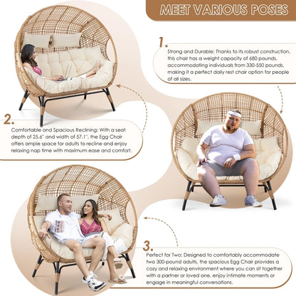 Radiata Double Egg Chair For 2 Person, Oversized Wicker Loveseat With Thick Cushions, 680 Lbs Capacity