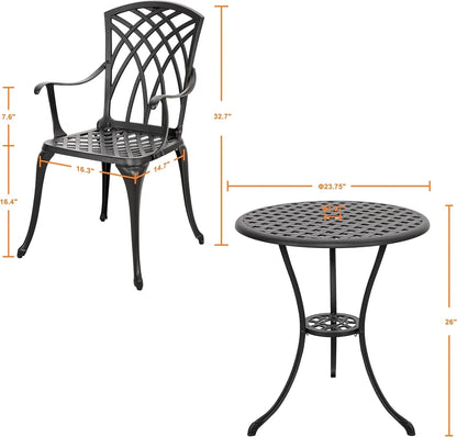 Nuu Garden Bistro Set 3 Piece Outdoor Cast Aluminum Patio Bistro Set Patio Table And Chairs Set Of 2 With Umbrella Hole And Gray Cushions, Black
