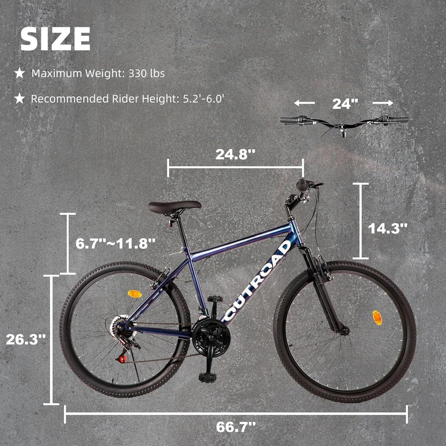 Outroad 26 In. Mountain Bike, 21-Speed/High-Carbon Steel/Aviation Grade Frame, Dual Disc/V Brake