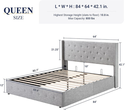 Allewie Queen Size Lift Up Storage Bed, Modern Wingback Headboard, Hydraulic Support, No Box Spring Needed, Light Beige