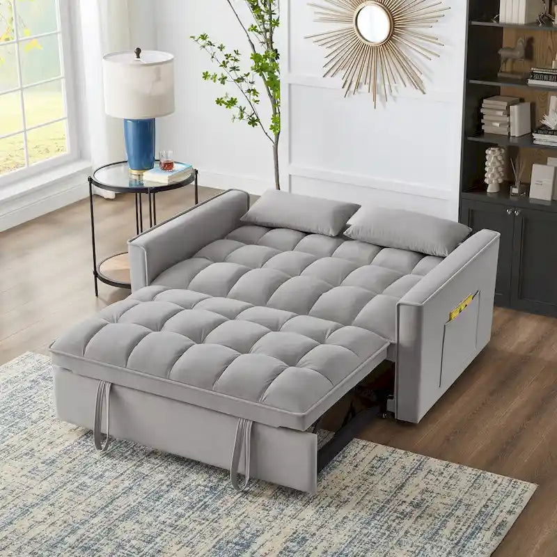 4 in1 Loveseat Sofa Bed With Armrests And Storage Pockets, Multi-Function Tufted Pull-Out Sofa Bed With Adjustable Backrest
