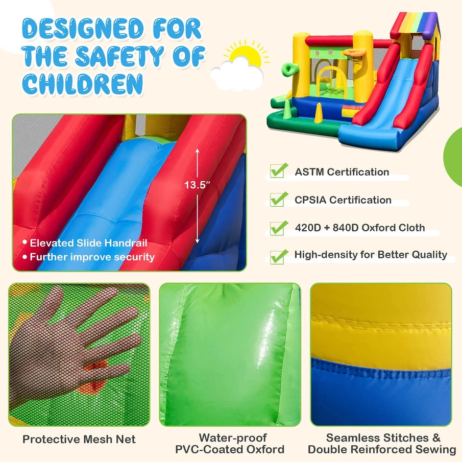 Costway Colorful Rainbow Kids Inflatable Bounce Castle With 50 Ocean Balls And 735W Blower