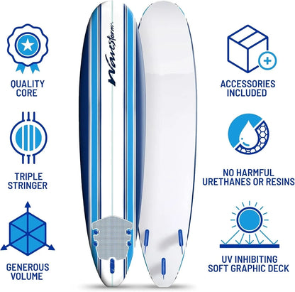 Wavestorm 8 Ft. Classic Surfboard//Foam Wax Free Soft Top Longboard For Adults And Kids Of All Levels Of Surfing