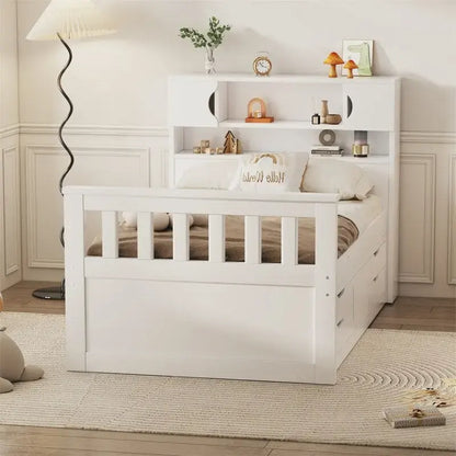 Twin/Full Size Captain Platform Bed With 4 Drawers And Storage Shelves, Solid Wood Bed Frame With Storage Bookcase Headboard