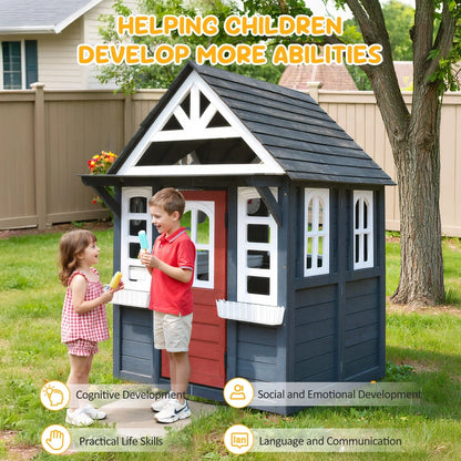Coclub Outdoor Playhouse For Kids Ages 4-8, Wooden Play House With Doorbell, Phone, Kitchen Toys, Outdoor Kids Play Equipment, Casa Para Ni As