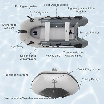 Inflatable Boat, Yacht Dinghy Tender Raft, Multi Person Fishing Boat, Aluminum Floor Oars, Fishing Rod Holders, Heavy-Duty PVC, 2024 Model