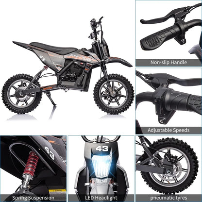 Electric Dirt Bike For Kids, 36V Ride On Motorcycle, Up To 15.5MPH, 350W Brushless Motor, LED Headlight, Leather Seat, Front And Back Brakes