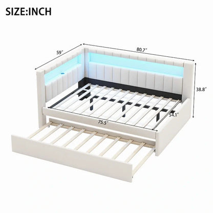 Upholstered Platform Bed With USB Ports And LED Lighting, Full/Twin Size Bed Frame With 2 Storage Drawers, Modern Bedroom