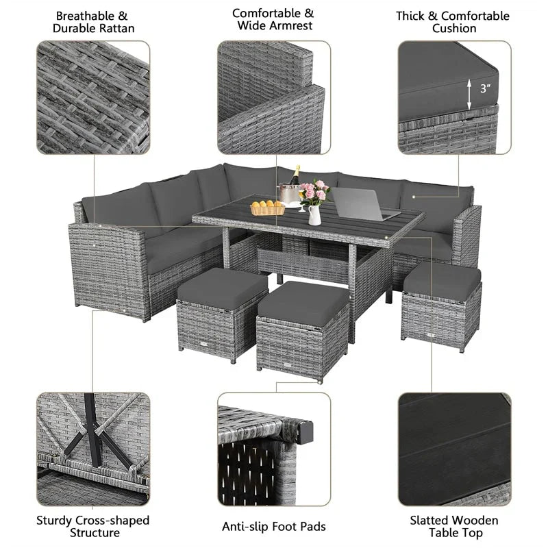 7 Pcs Rattan Patio Dining Furniture Sectional Sofa Set With Dining Table, Ottomans And Cushions