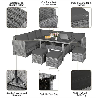 7 Pcs Rattan Patio Dining Furniture Sectional Sofa Set With Dining Table, Ottomans And Cushions