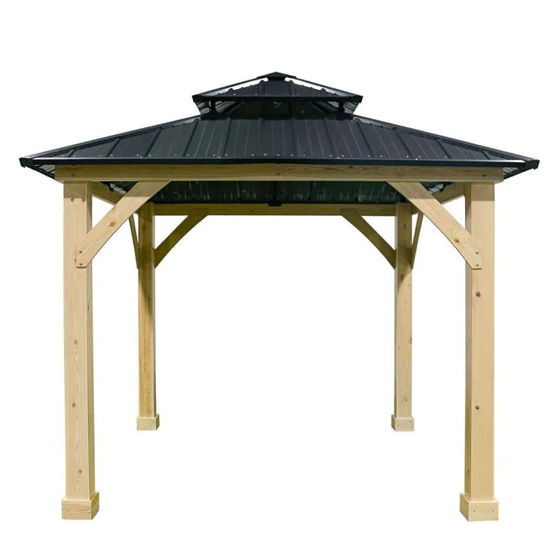 10 x 10 Ft. Outdoor Patio Hardtop Gazebo With Wood Frame And 2-Tier Metal Roof, All-Weather Gazebo Pergolas Shelter