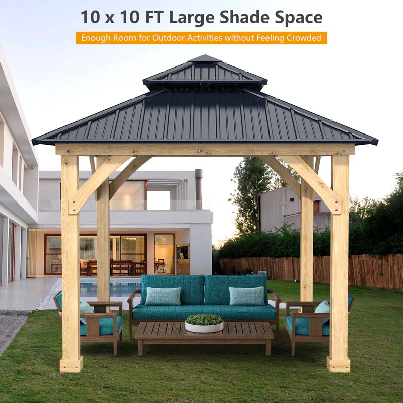 10 x 10 Ft. Outdoor Patio Hardtop Gazebo With Wood Frame And 2-Tier Metal Roof, All-Weather Gazebo Pergolas Shelter