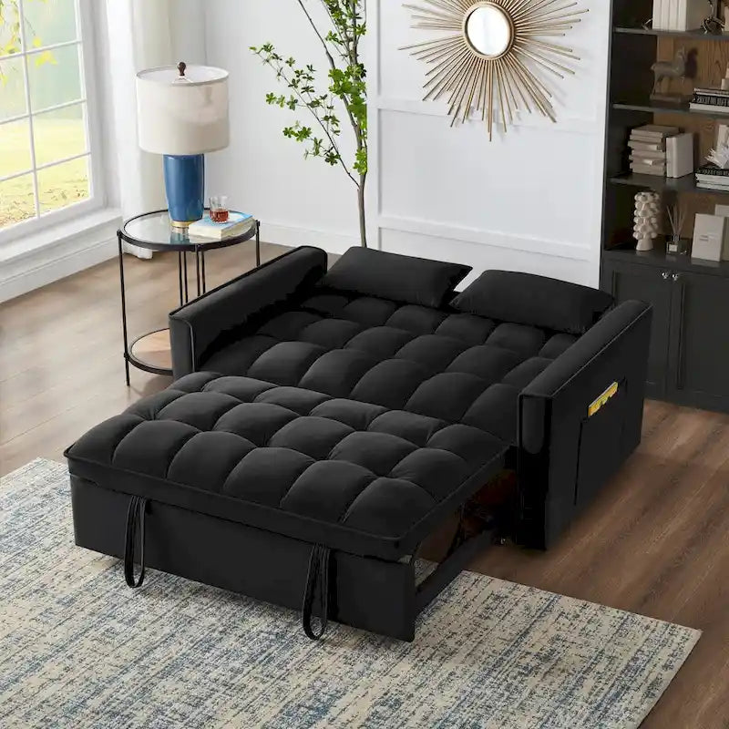 4-in-1 Pull-Out Sleeper Sofa Bed, Loveseat In Velvet-Convertible Couch Bed With Reclining Backrest,2 Side Pockets
