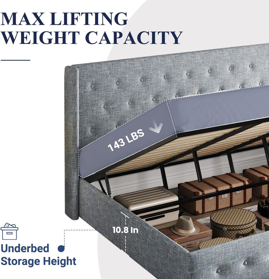 Allewie Queen Size Lift Up Storage Bed, Modern Wingback Headboard, Hydraulic Support, No Box Spring Needed, Light Beige