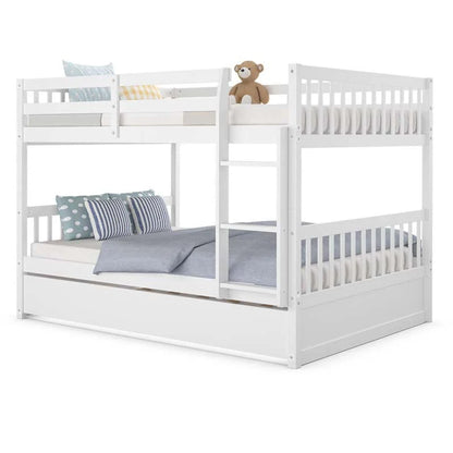 Solid Wood Full Over Full Bunk Bed Frame With Trundle, Safety Ladder And Guardrails, Convertible Bunk Bed For Kids Teens