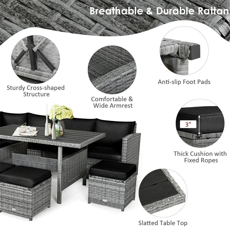 7 Pcs Rattan Patio Dining Furniture Sectional Sofa Set With Dining Table, Ottomans And Cushions