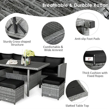 7 Pcs Rattan Patio Dining Furniture Sectional Sofa Set With Dining Table, Ottomans And Cushions
