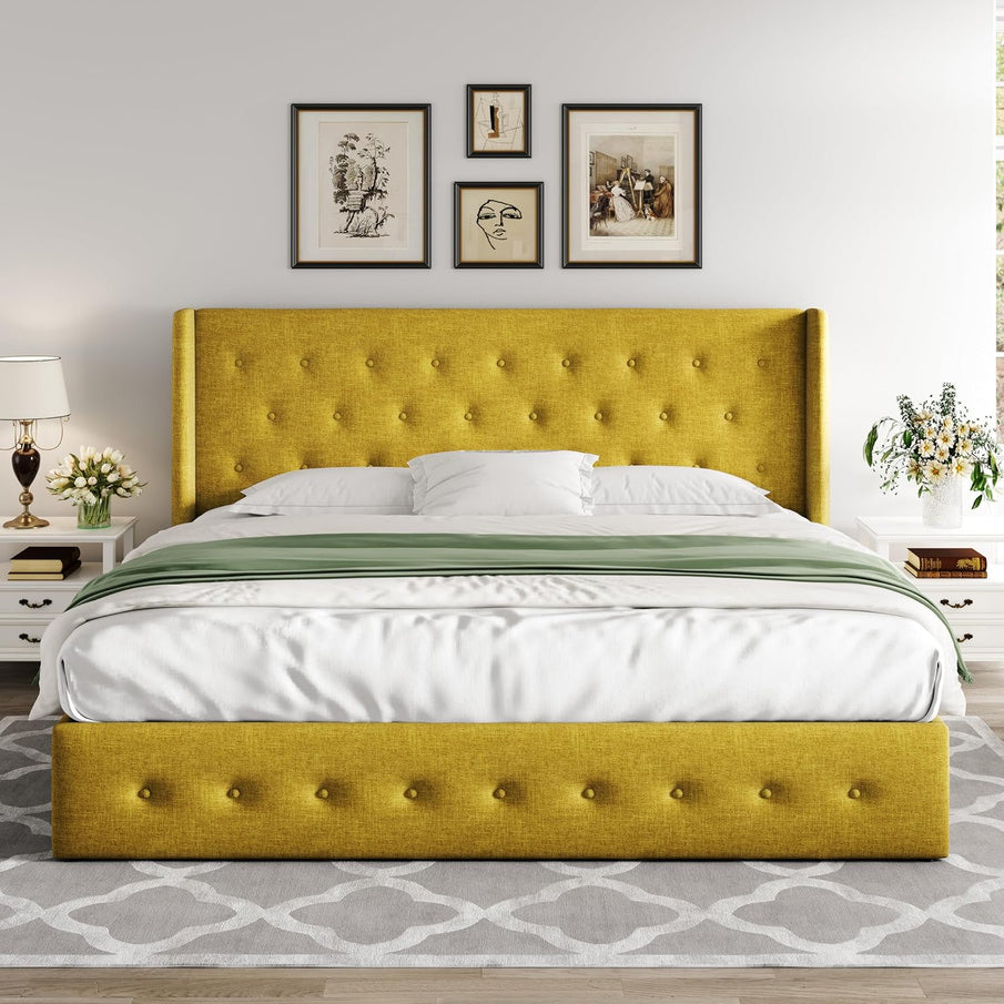 Allewie Queen Size Lift Up Storage Bed, Modern Wingback Headboard, Hydraulic Support, No Box Spring Needed, Light Beige