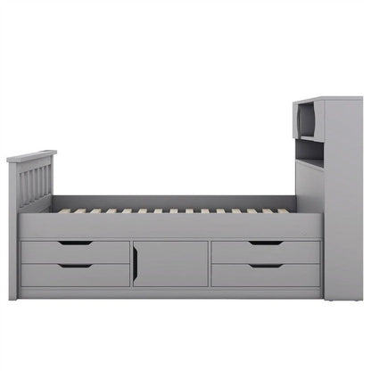 Twin/Full Size Captain Platform Bed With 4 Drawers And Storage Shelves, Solid Wood Bed Frame With Storage Bookcase Headboard