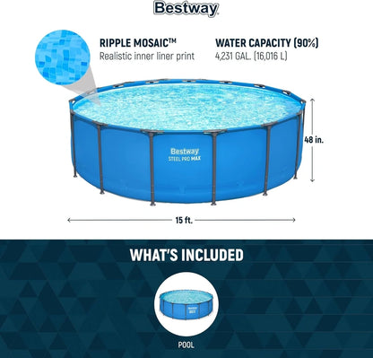 Steel Pro MAX 14 Ft. x 48 In. Round Metal Frame Above Ground Outdoor Swimming Pool Set With 1,000 Filter Pump, Ladder, And Cover, Gray