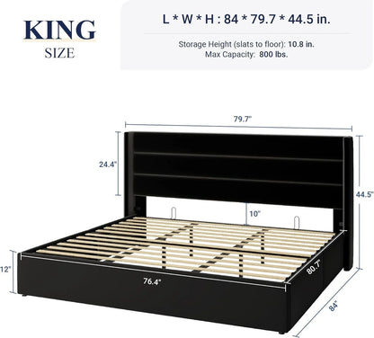 Allewie Queen Size Lift Up Storage Bed, Modern Wingback Headboard, Hydraulic Support, No Box Spring Needed, Light Beige