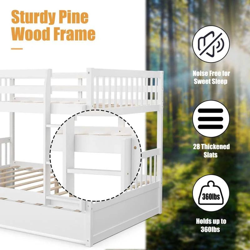 Solid Wood Full Over Full Bunk Bed Frame With Trundle, Safety Ladder And Guardrails, Convertible Bunk Bed For Kids Teens