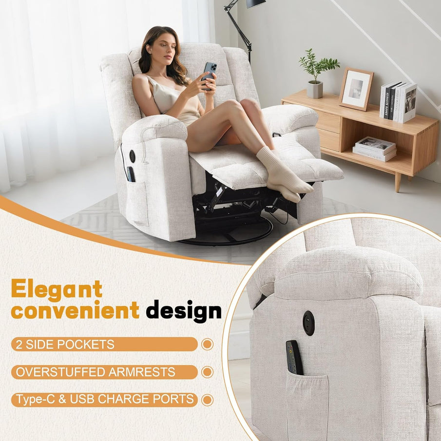 Rocker Recliner, Glider Recliner Chairs For Adults, 360 Degree Swivel Rocking Chair With Massage And Heating