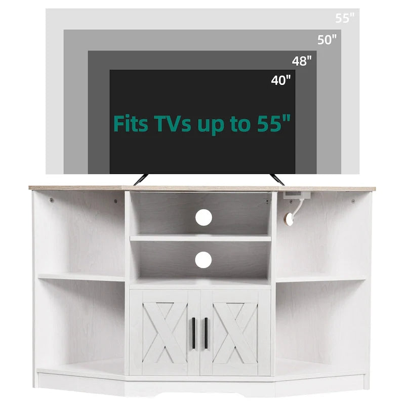 Farmhouse Corner TV Stand Entertainment Center Media Console For TVs Up To 55 With Power Outlet