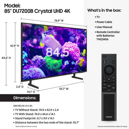 Samsung 85 In. Crystal UHD 4K Smart TV DU7200B With PurColor, HDR, And Tizen OS, 2024 Model