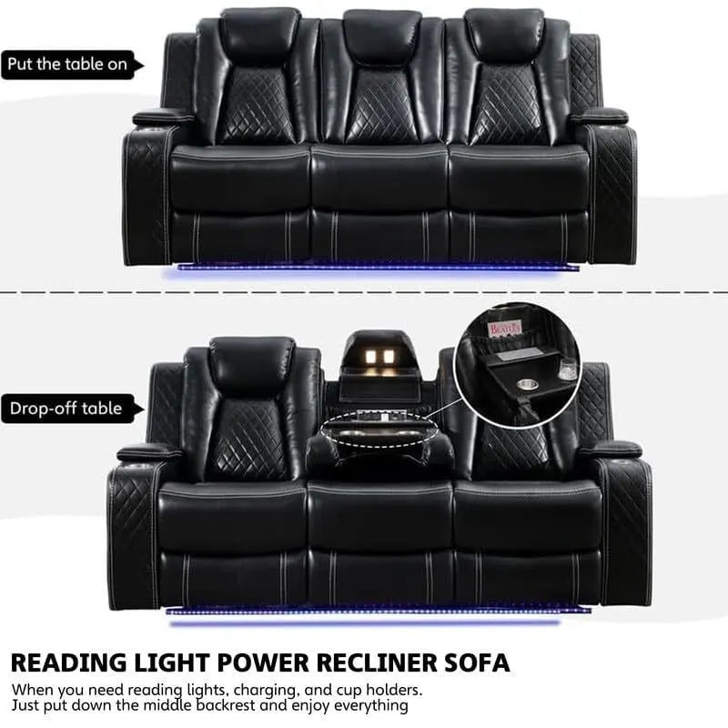 Power Reclining Sofa With Wireless Charger, Reading Light For Living Room, Faux Leather LED Light, AC/USB Port, Cup Holder, Black