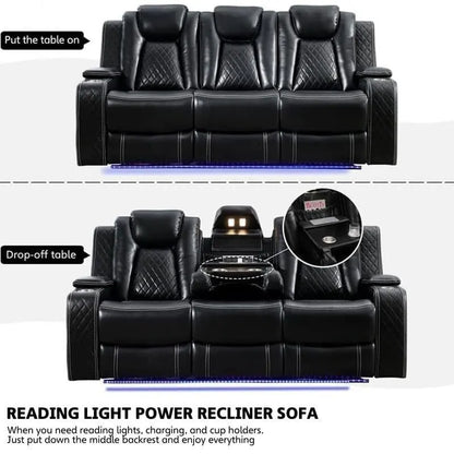 Power Reclining Sofa With Wireless Charger, Reading Light For Living Room, Faux Leather LED Light, AC/USB Port, Cup Holder, Black