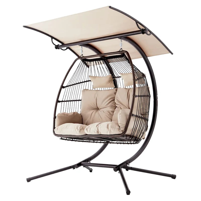 Outdoor Swing Loveseat With Stand, Foldable Hanging Chair, Hammock Cushion, And Awning, Double Egg Chair, Beige