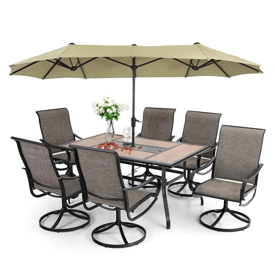 8-piece Patio Dining Set With Parasol, Garden Furniture Set With 6 Swivel Dining Chairs With Mesh Covers