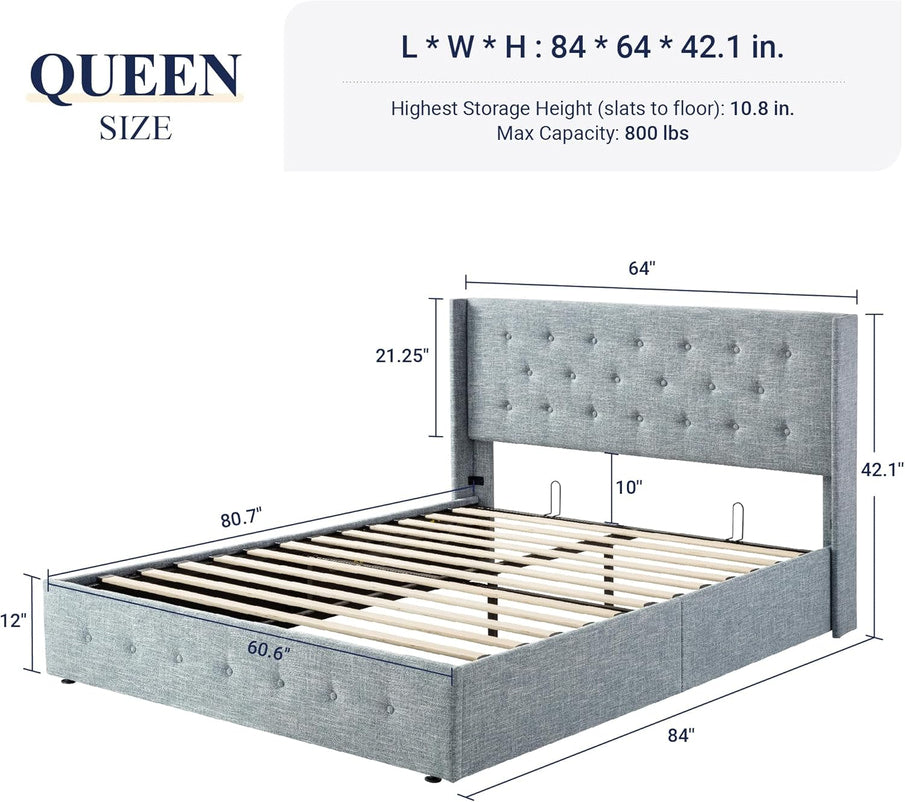 Allewie Queen Size Lift Up Storage Bed, Modern Wingback Headboard, Hydraulic Support, No Box Spring Needed, Light Beige