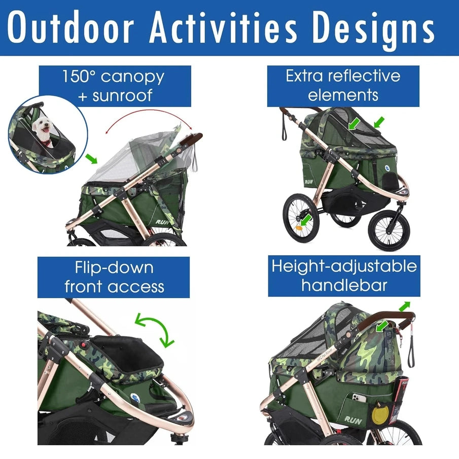 Jogging Sports Stroller With Comfort Rubber Wheels/Zipper-Less Entry/1-Hand Quick Fold/Aluminum Frame For Small/Medium Dogs, Cats And Pets, Green Camo