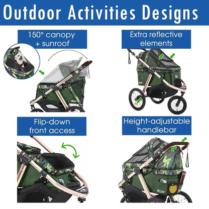 Jogging Sports Stroller With Comfort Rubber Wheels/Zipper-Less Entry/1-Hand Quick Fold/Aluminum Frame For Small/Medium Dogs, Cats And Pets, Green Camo