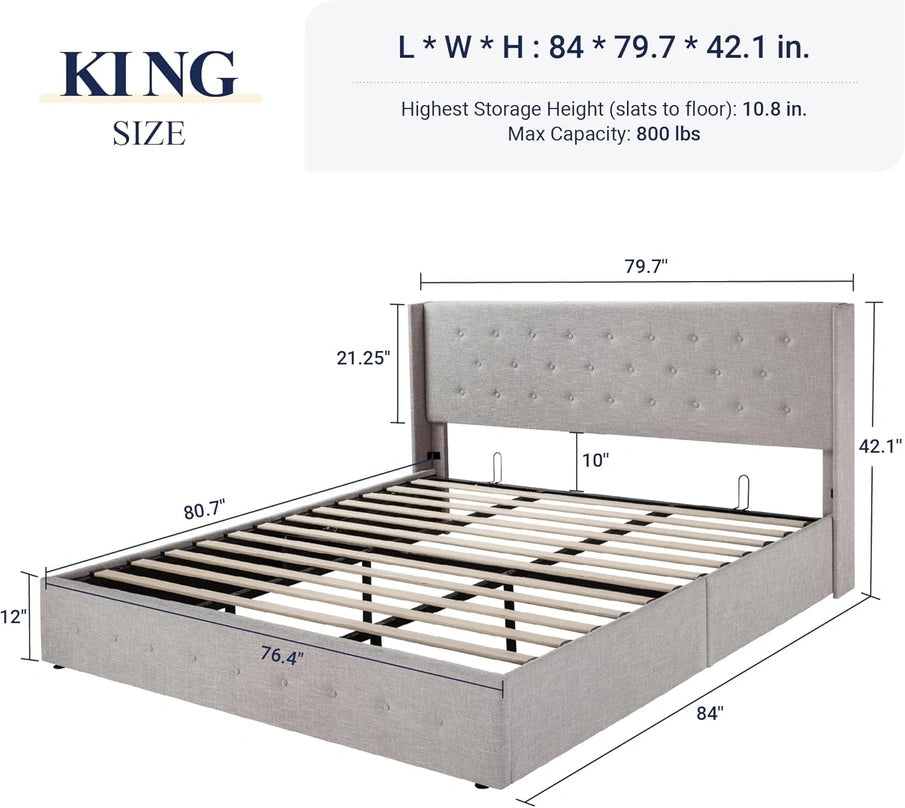 Allewie Queen Size Lift Up Storage Bed, Modern Wingback Headboard, Hydraulic Support, No Box Spring Needed, Light Beige