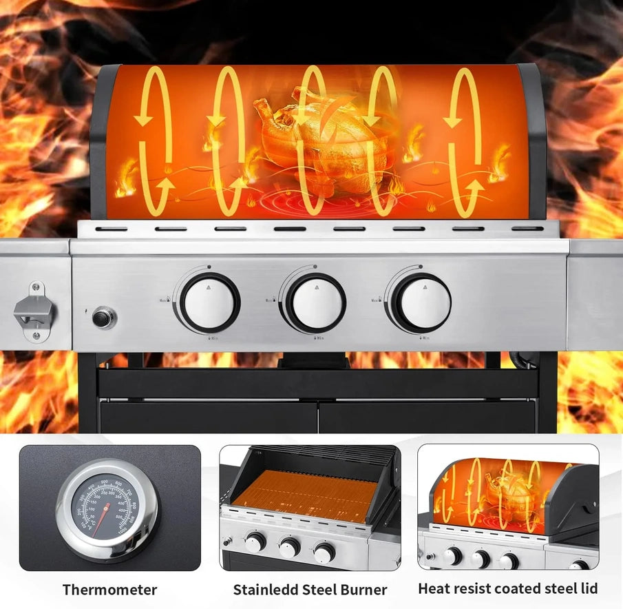Upgraded 4 Burner Bbq Propane Gas Grill With Cast Iron Grates And Side Stove, 44,000 BTU Stainless Steel Burner Barbecue Grill For Patio