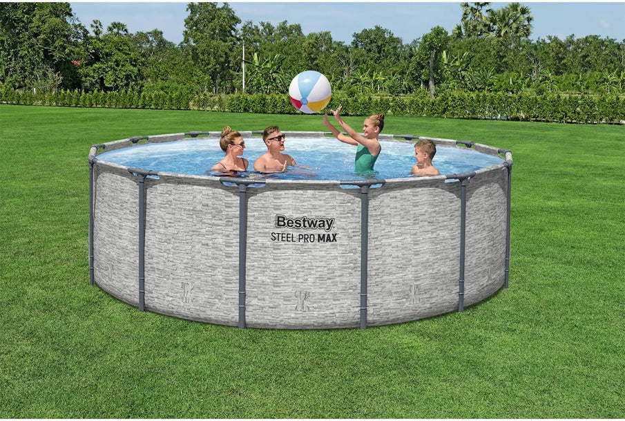 Steel Pro MAX 14 Ft. x 48 In. Round Metal Frame Above Ground Outdoor Swimming Pool Set With 1,000 Filter Pump, Ladder, And Cover, Gray