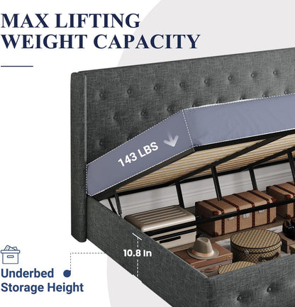 Allewie Queen Size Lift Up Storage Bed, Modern Wingback Headboard, Hydraulic Support, No Box Spring Needed, Light Beige