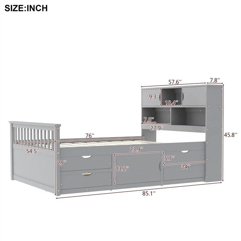 Twin/Full Size Captain Platform Bed With 4 Drawers And Storage Shelves, Solid Wood Bed Frame With Storage Bookcase Headboard