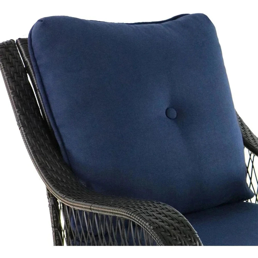 5-piece Steel Patio Fire Pit Seating Set With Navy Blue Cushions, Swivel Gliders And Square Fire Pit Table