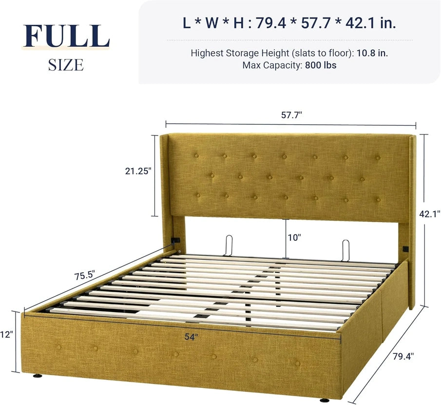 Allewie Queen Size Lift Up Storage Bed, Modern Wingback Headboard, Hydraulic Support, No Box Spring Needed, Light Beige
