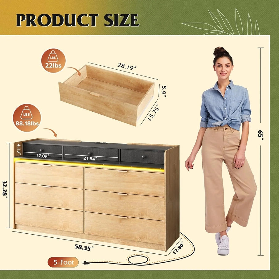9 Drawer LED Dresser For Bedroom, 58.35 In. Wide Wood Dresser Storage Organizer With Power Outlets For 65 In. TV, Dressers With Open Shelves