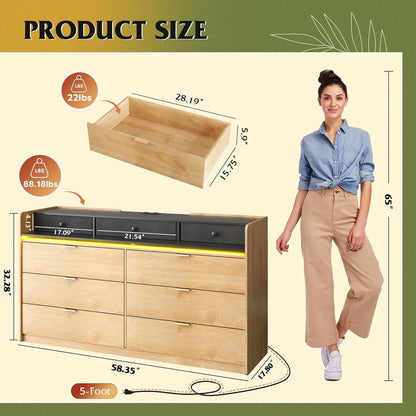 9 Drawer LED Dresser For Bedroom, 58.35 In. Wide Wood Dresser Storage Organizer With Power Outlets For 65 In. TV, Dressers With Open Shelves