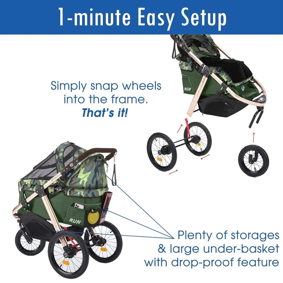 Jogging Sports Stroller With Comfort Rubber Wheels/Zipper-Less Entry/1-Hand Quick Fold/Aluminum Frame For Small/Medium Dogs, Cats And Pets, Green Camo