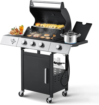 Upgraded 4 Burner Bbq Propane Gas Grill With Cast Iron Grates And Side Stove, 44,000 BTU Stainless Steel Burner Barbecue Grill For Patio