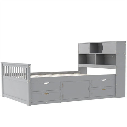 Twin/Full Size Captain Platform Bed With 4 Drawers And Storage Shelves, Solid Wood Bed Frame With Storage Bookcase Headboard